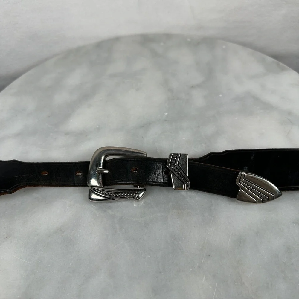 Black Leather Belt western Silver Buckle concho southwestern cowboy cowgirl boho
